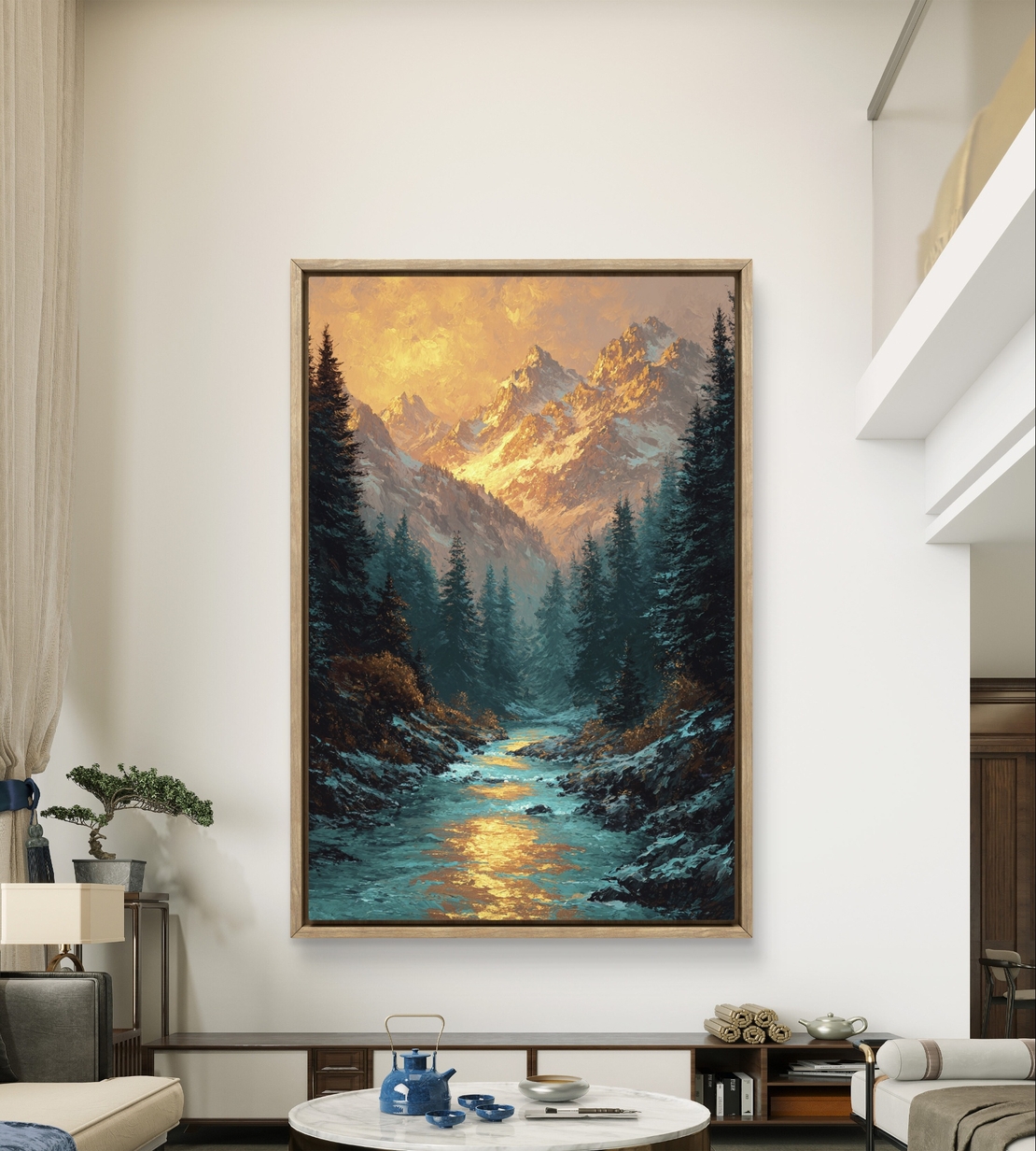 נהר זהוב בין ההרים – תמונת קנבס נוף הרים ויער בגווני כחול וזהב | DC4474