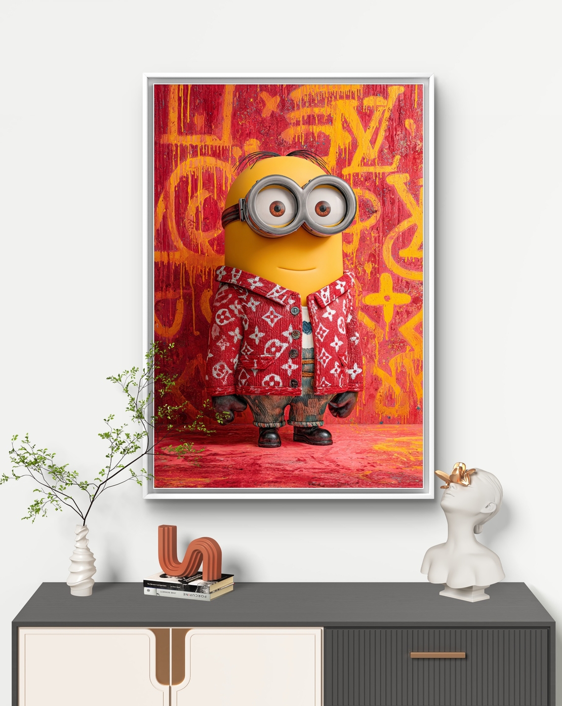 תמונת קנבס צבעונית עם דמות מצוירת בסגנון גרפיטי ואופנה אורבנית על רקע אדום