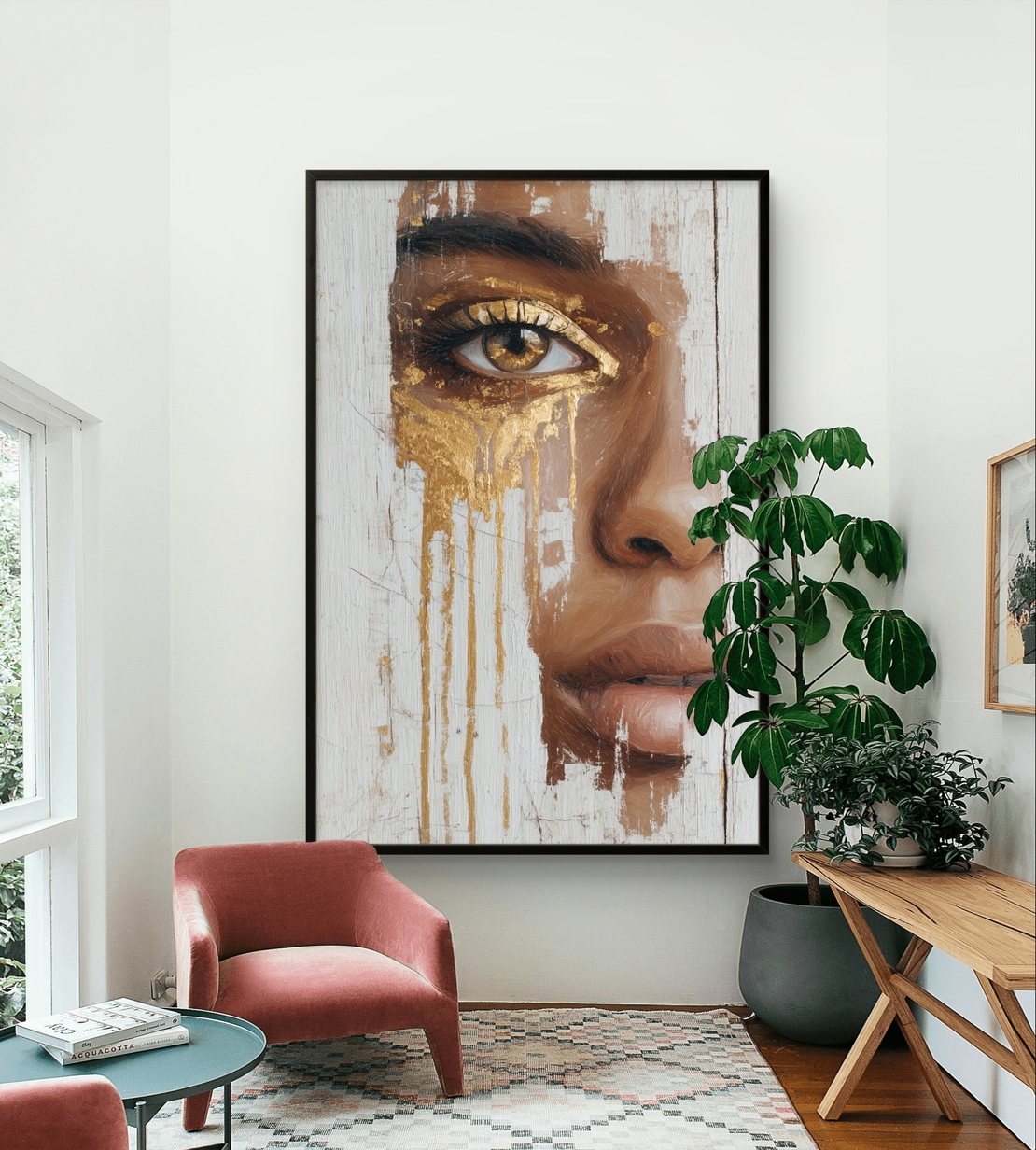 דיוקן נשי אומנותי עם מבט זהוב על קנבס בגווני חום, קרם וזהב בהדפסה חלקה