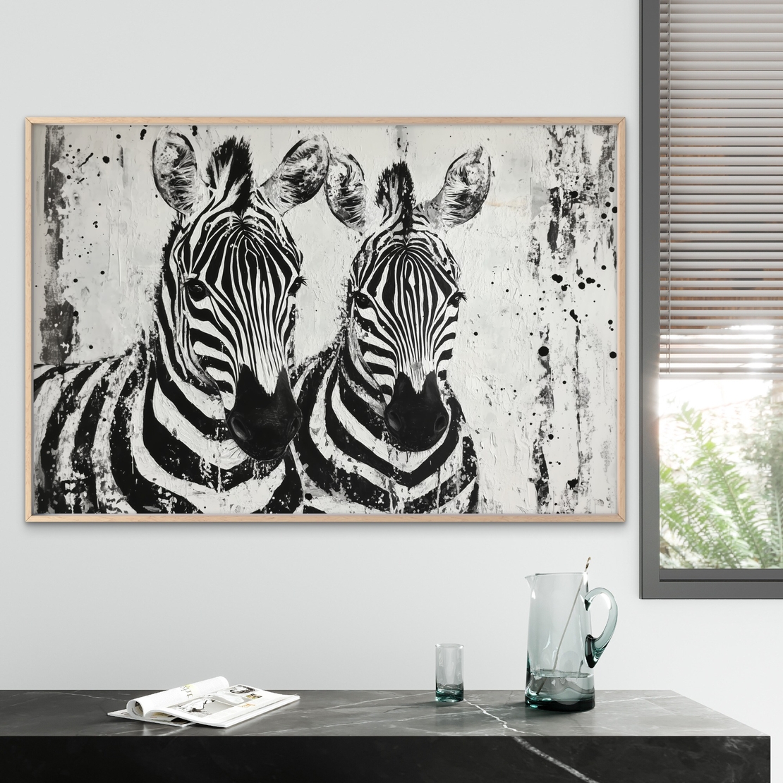 תמונת קנבס אמנותית בשחור-לבן של זוג זברות עם הדפסה חלקה ואיכותית – מתוך קולקציית NEXTGEN BY BAR של תכשיט לבית.
