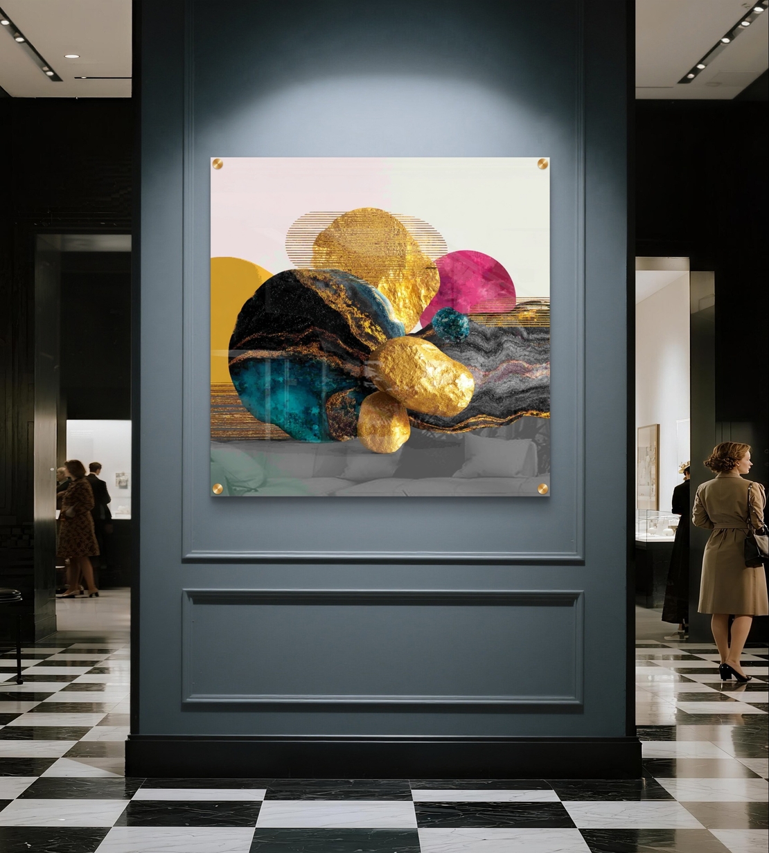 תמונת זכוכית מרובעת עם כדורים אבסטרקטיים בצבעי זהב, טורקיז, ורוד וצהוב בהדפסה חלקה וללא תבליט