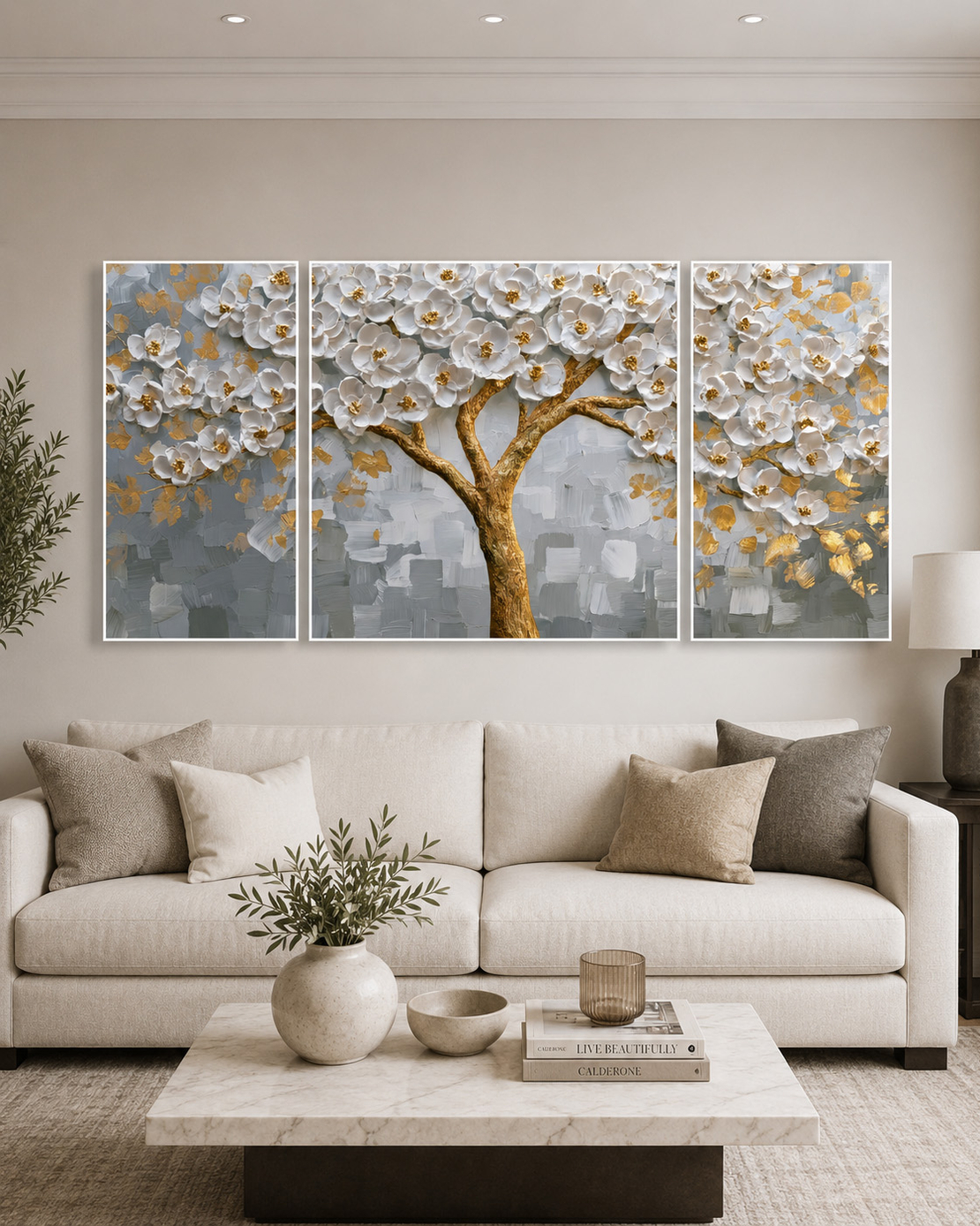 עץ פריחה זהובה – שלישיית תמונות קנבס פרחונית לסלון | SM7753
