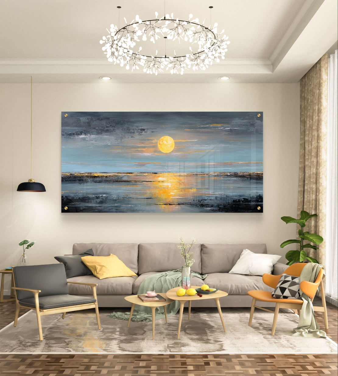 תמונת זכוכית לרוחב עם נוף ים מופשט ושמש זהובה המשתקפת על המים לעיצוב סלון יוקרתי