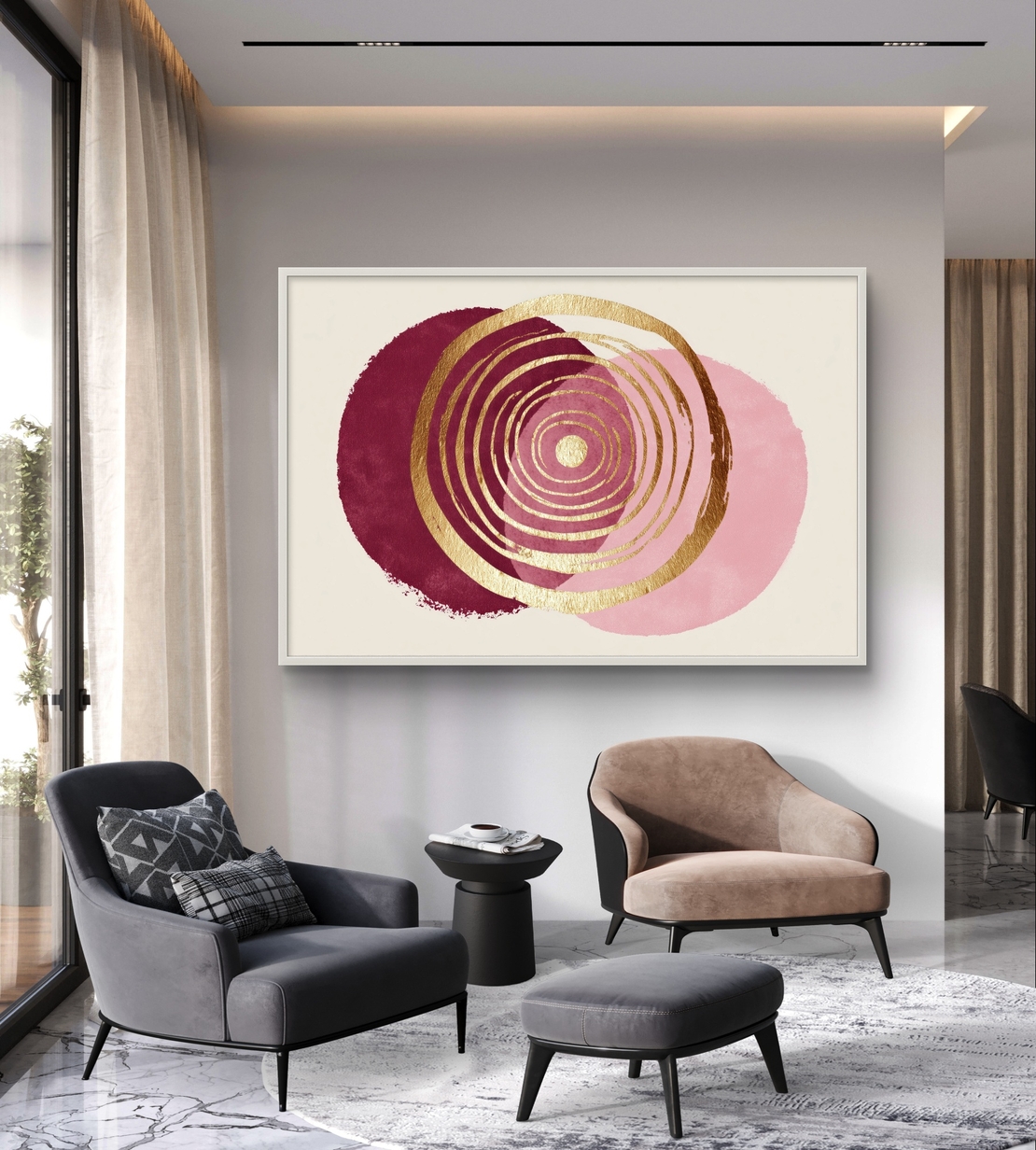 תמונת קנבס רחבה ומרשימה עם קומפוזיציה אבסטרקטית של מעגלים חופפים בגווני בורדו עמוק