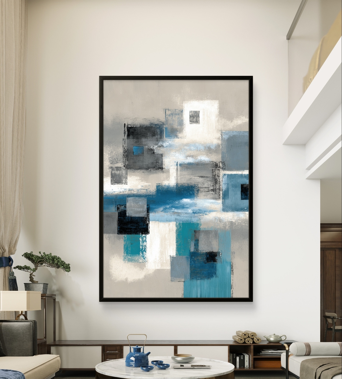 בלוקים כחולים – תמונת קנבס אבסטרקט גיאומטרית בכחול, אפור ולבן | CR6544