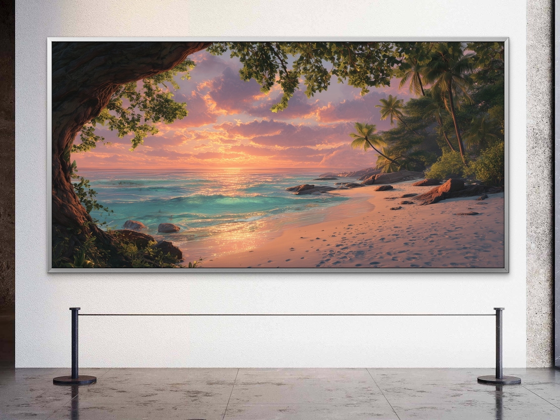 תמונת קנבס לרוחב של חוף טרופי בשקיעה עם עצי קוקוס, גלים וצבעי זהב וטורקיז – NEXTGEN BY BAR