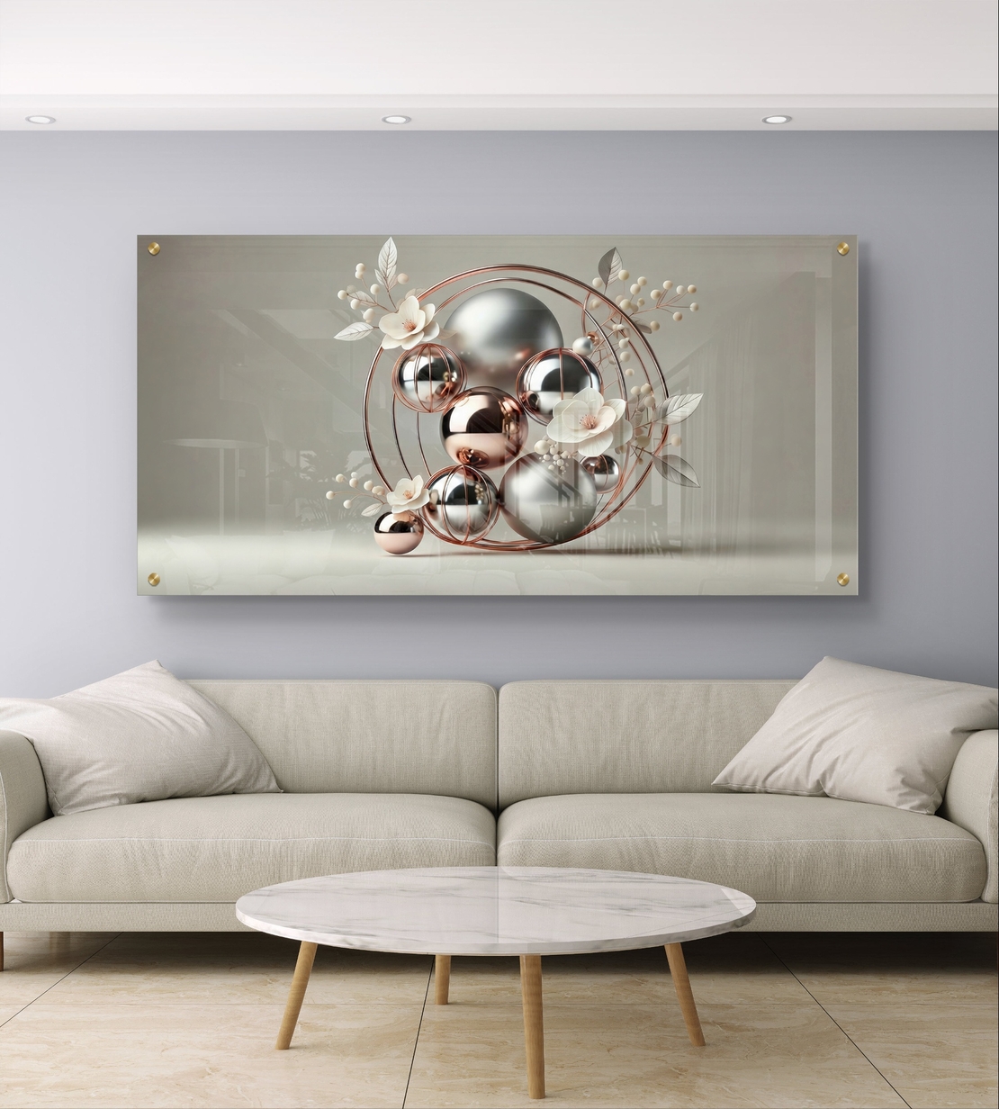 הילה מטאלית – תמונת זכוכית יוקרתית עם כדורים כסופים, טבעות רוז גולד ופרחים עדינים | PN2003
