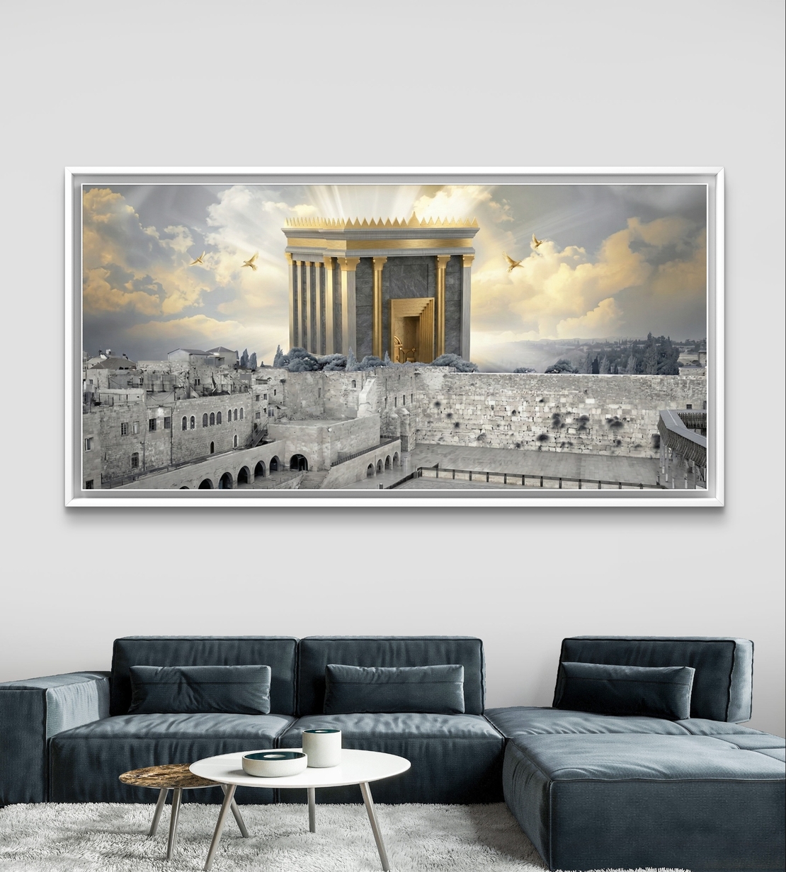 תמונת קנבס לרוחב של בית המקדש מעל ירושלים עם אור זהב שמיימי, עיצוב קדוש ומרומם לבית – מבית תכשיט לבית