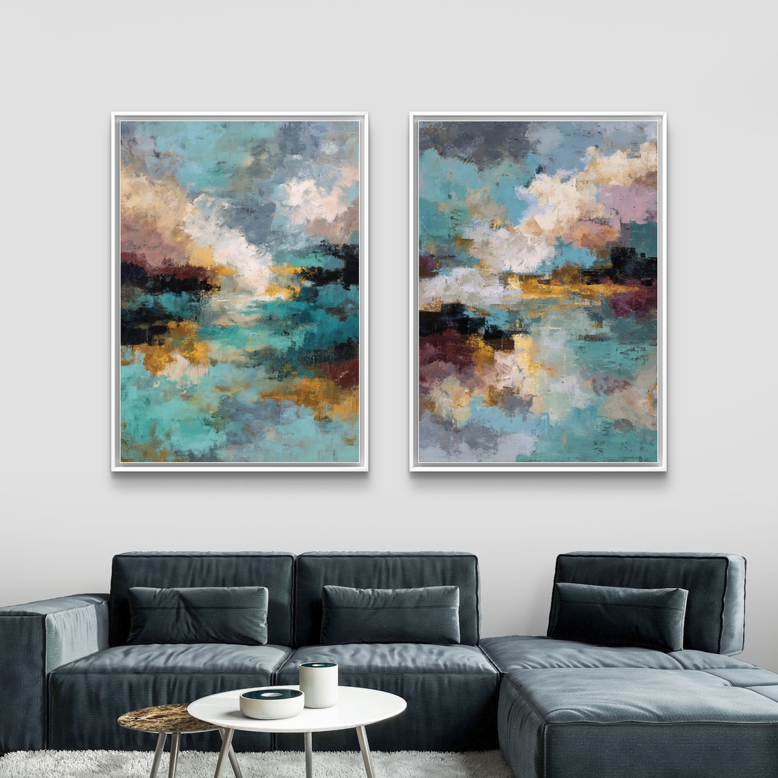 זוג תמונות קנבס מופשטות בגווני טורקיז, זהב ואפור, בהדפסה חלקה ואיכותית, מסדרת NEXTGEN של תכשיט לבית.