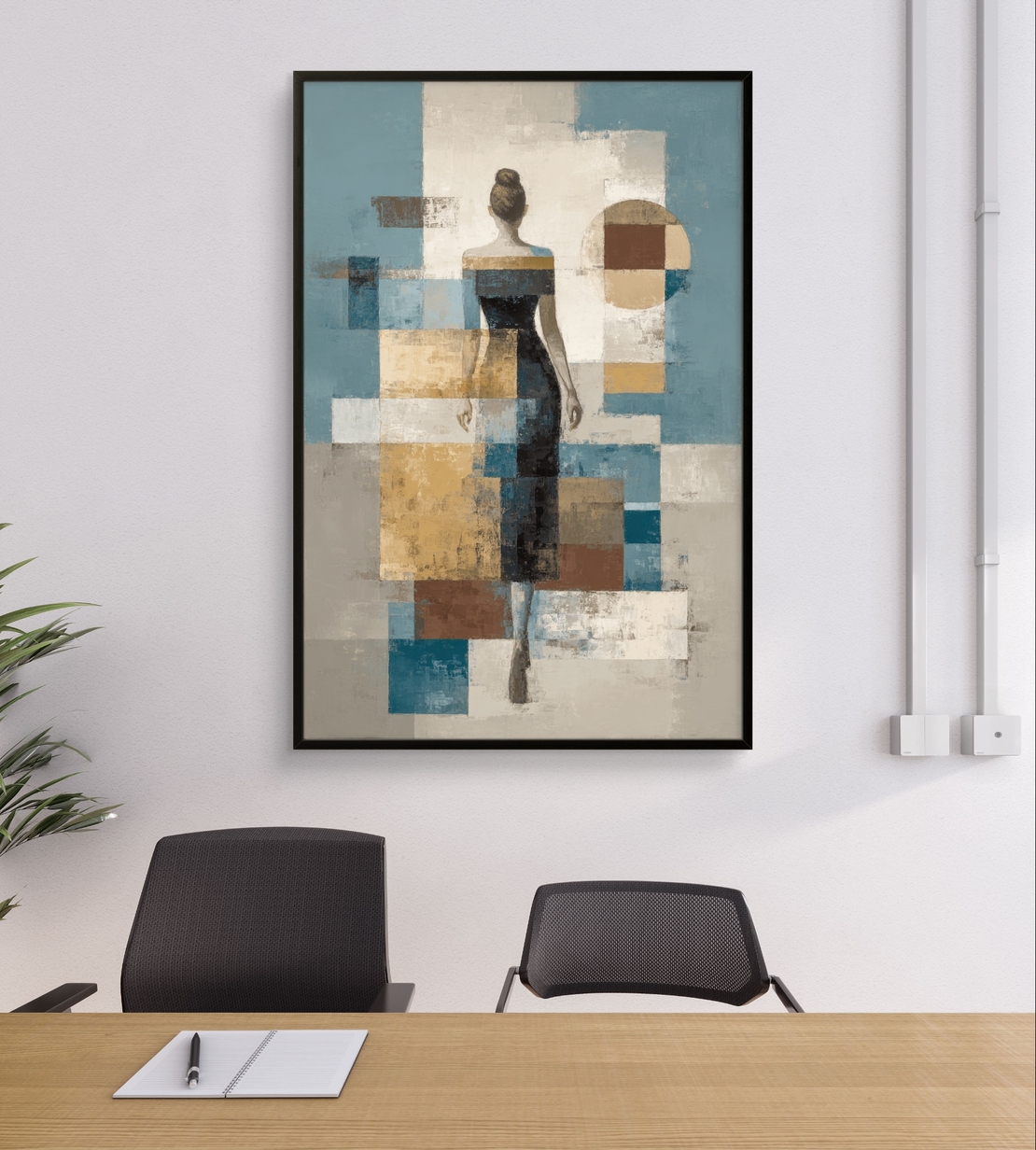 תמונת קנבס של דמות נשית מאחור בסגנון אבסטרקט גאומטרי בגוונים רגועים