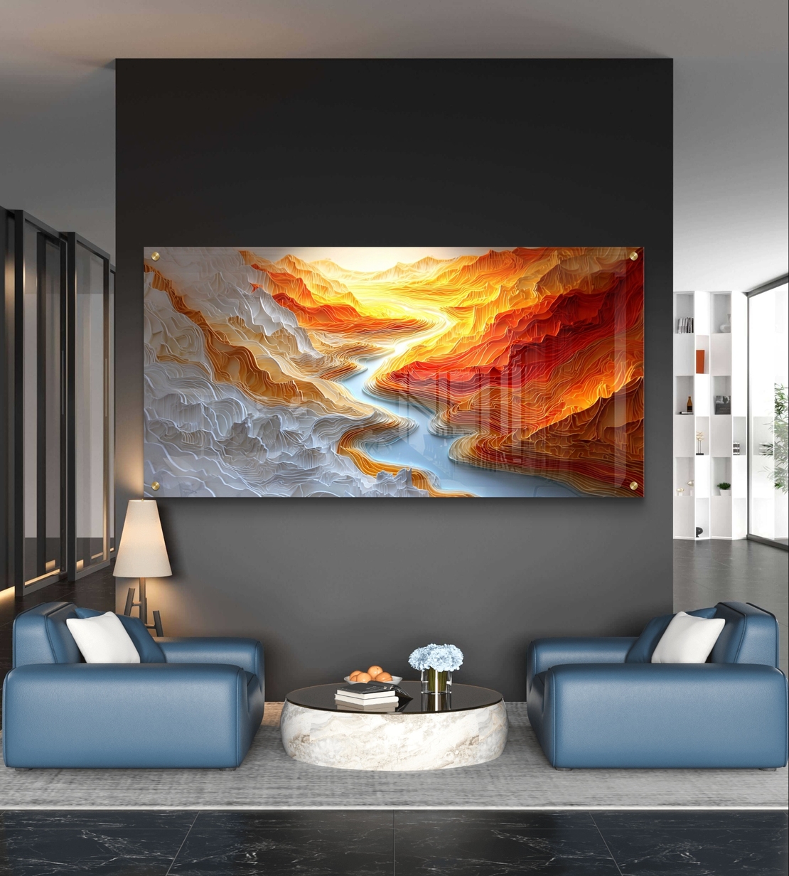 נהר האש – תמונת זכוכית תלת מימדית של קניון זורם בגווני כתום ולבן | GP1394