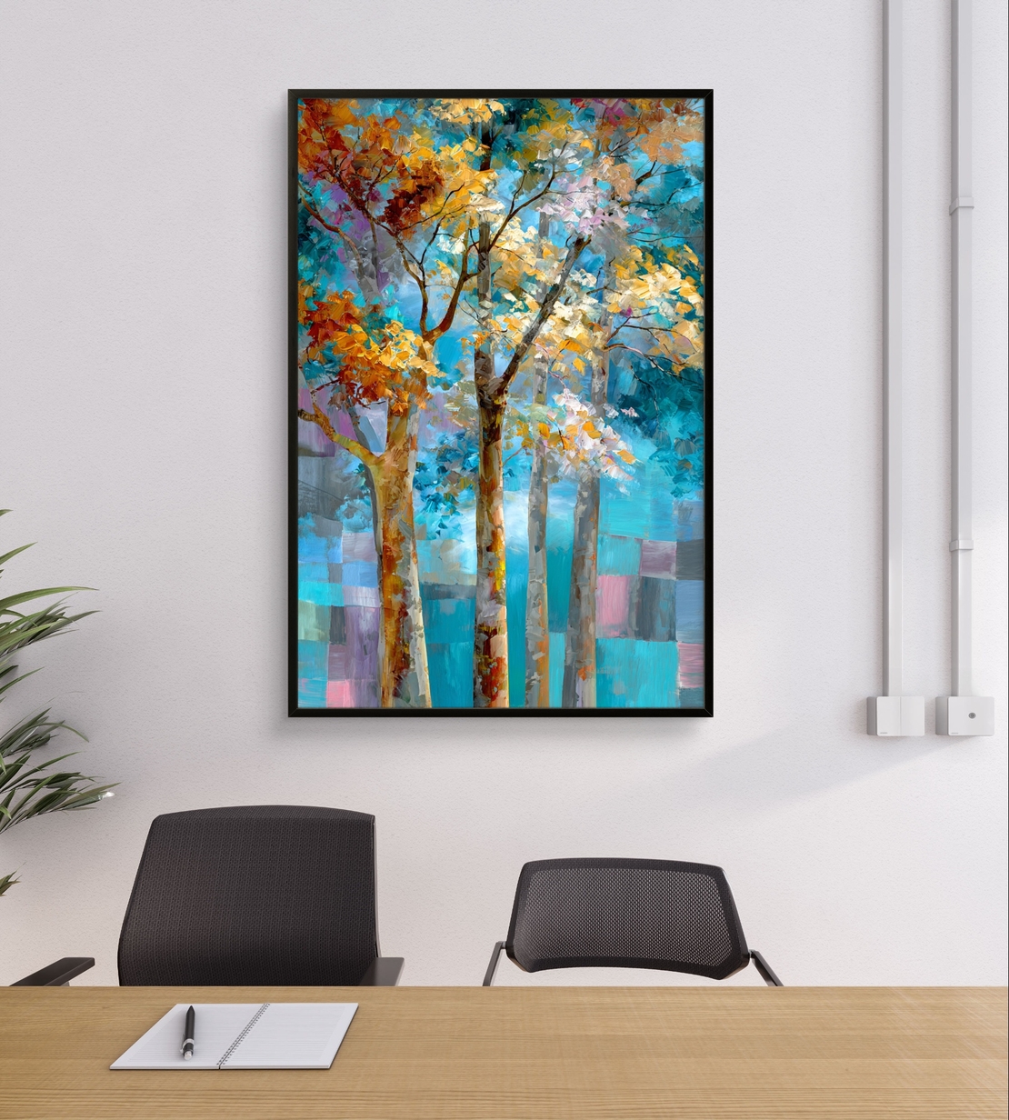 תמונת קנבס עם עצים אמנותיים בגווני תכלת, טורקיז וזהב, בעיצוב מודרני ומרגיע לבית