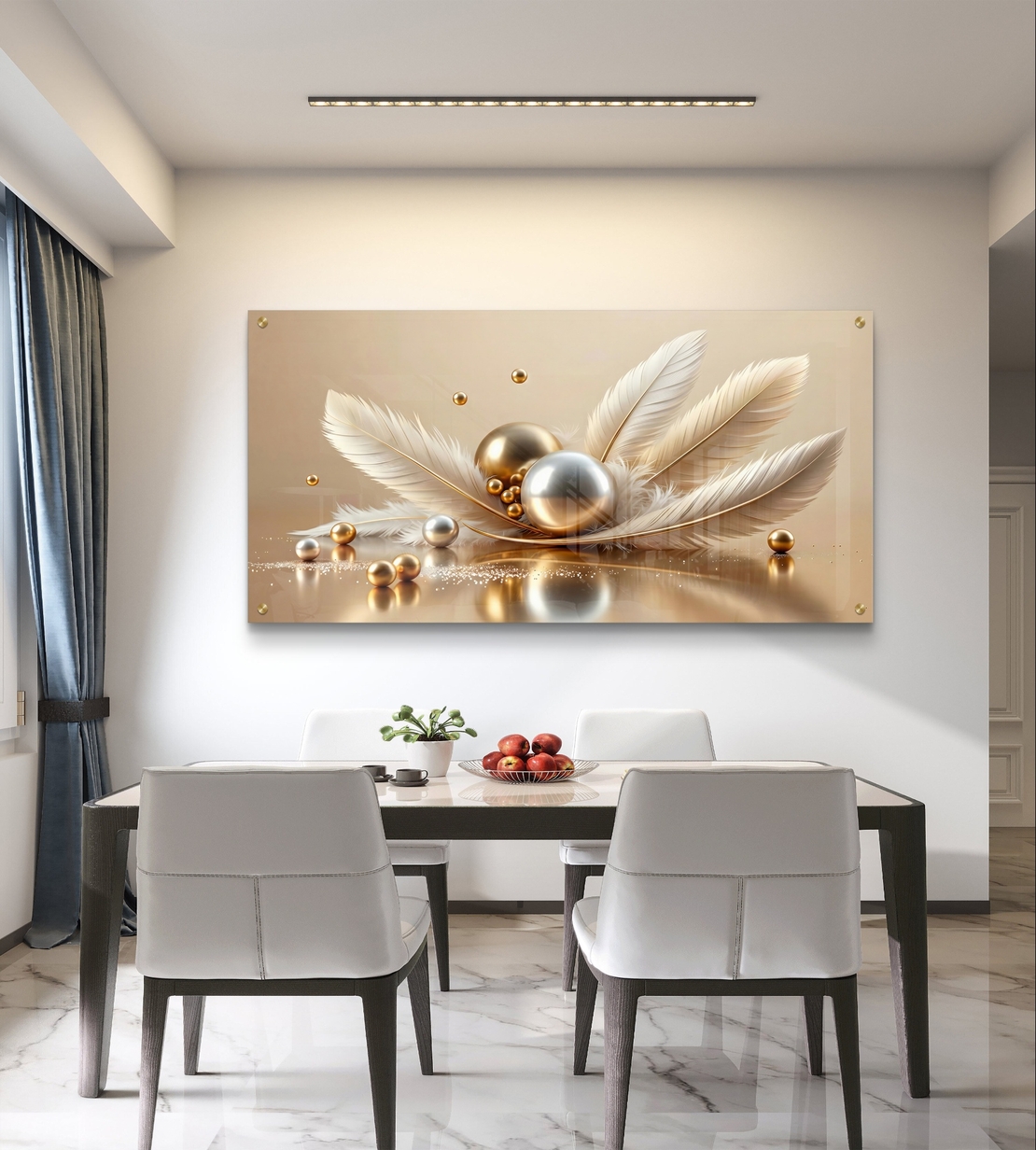 נוצת שמפניה – תמונת זכוכית נוצות שמנת וזהב עם כדורים דקורטיביים | PN1004