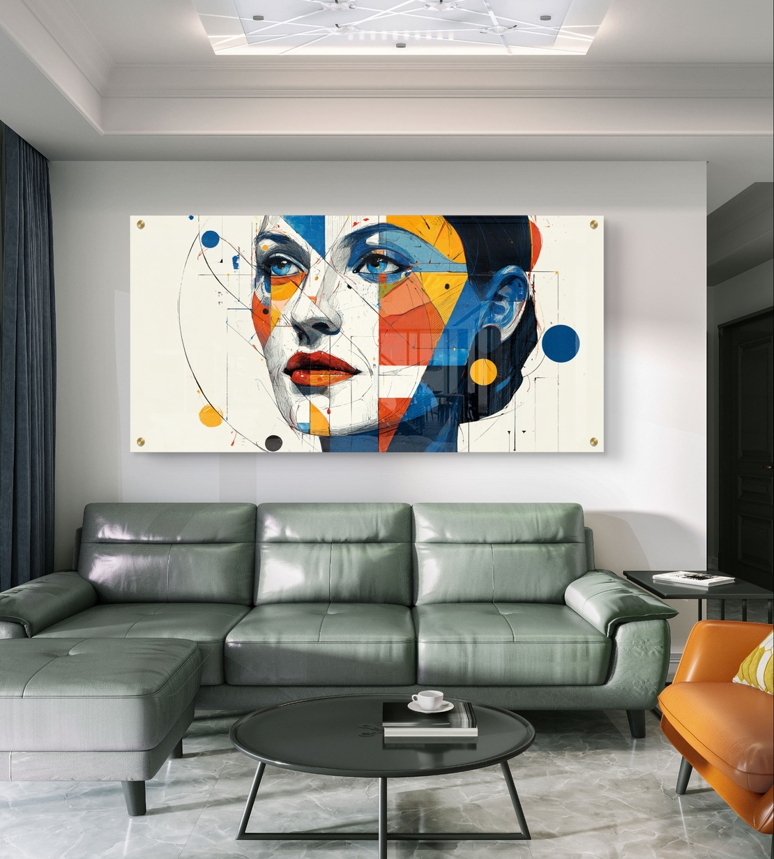 תמונת זכוכית לרוחב עם דיוקן נשי גאומטרי בצבעי כחול, כתום וצהוב – תכשיט לבית