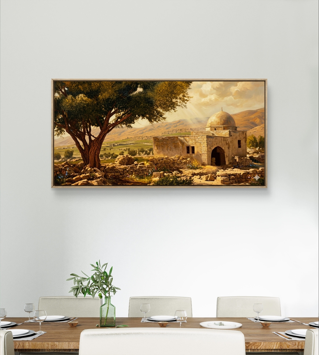 תמונת קנבס לרוחב של קבר רחל אימנו בנוף ארץ ישראלי פתוח עם אור חמים, עץ עתיק ומבנה קדוש – עיצוב רוחני מבית תכשיט לבית