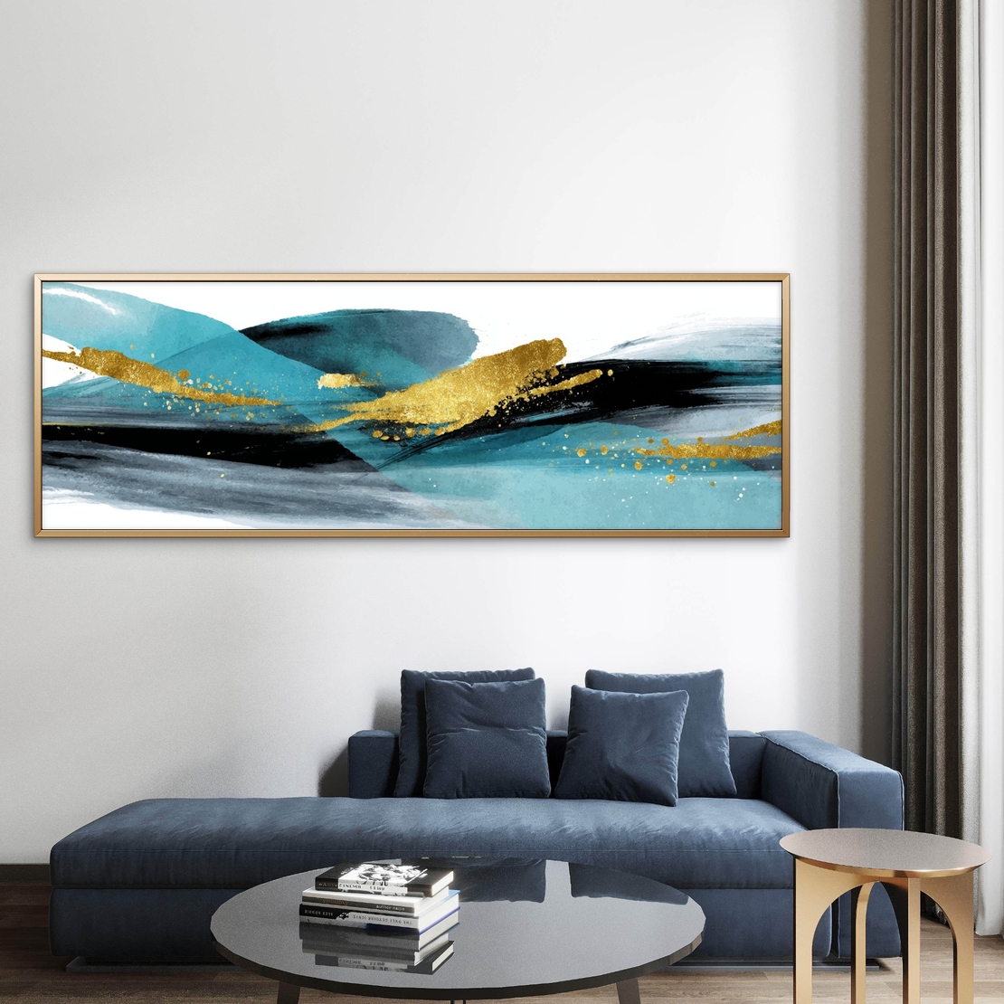 תמונת קנבס פנורמית עם גלים מופשטים בגווני טורקיז ושחור ונגיעות זהב – גלי זהב