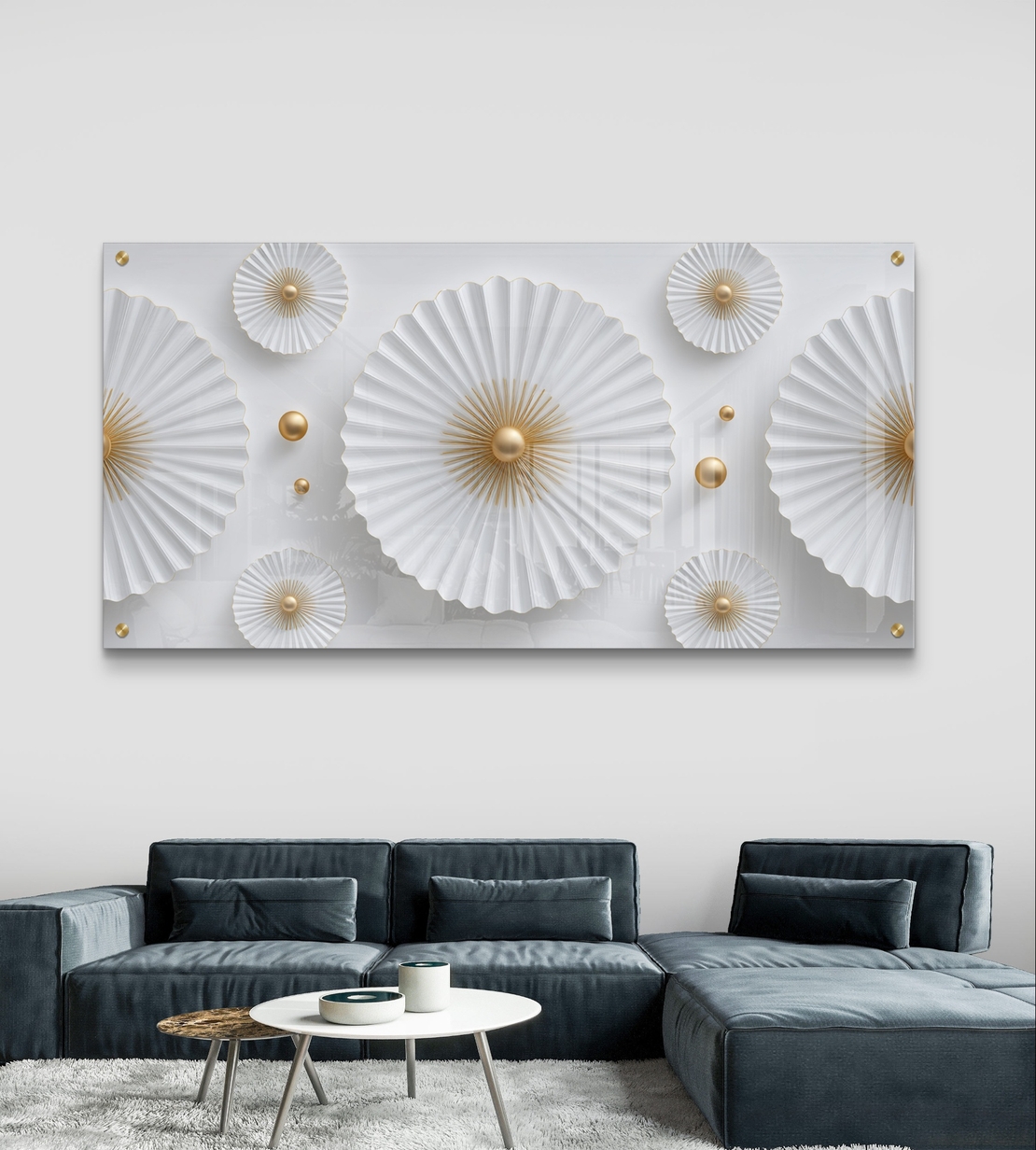 תמונת קיר זכוכית אלגנטית בלבן עם נגיעות זהב, דקורציה מודרנית לסלון וחדר שינה