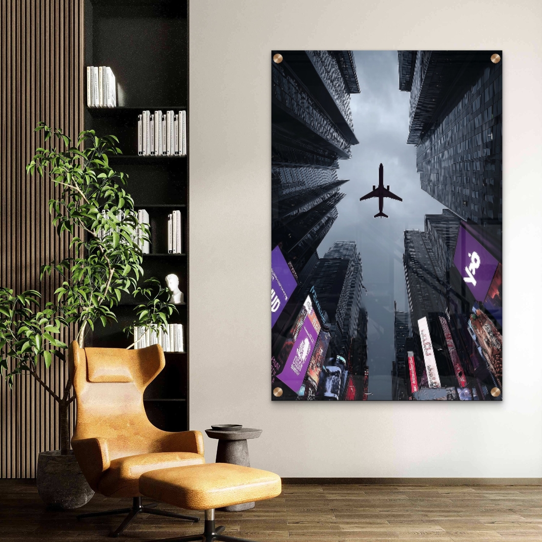 תמונת זכוכית של מטוס חולף מעל גורדי שחקים במראה אורבני דרמטי – NEXTGEN BY BAR
