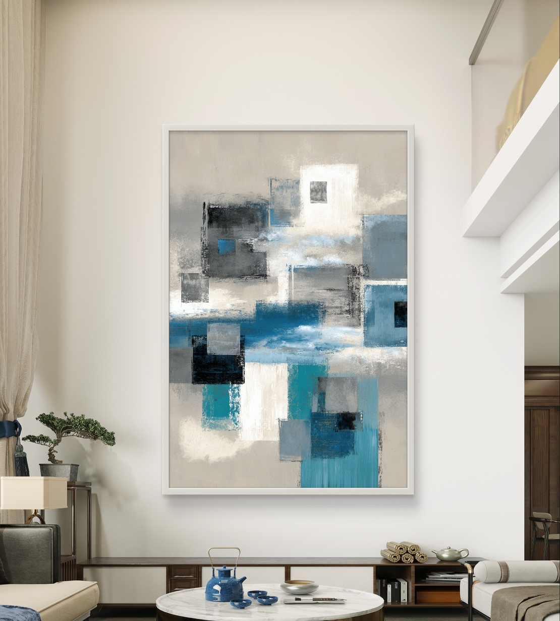 בלוקים כחולים – תמונת קנבס אבסטרקט גיאומטרית בכחול, אפור ולבן | CR6544