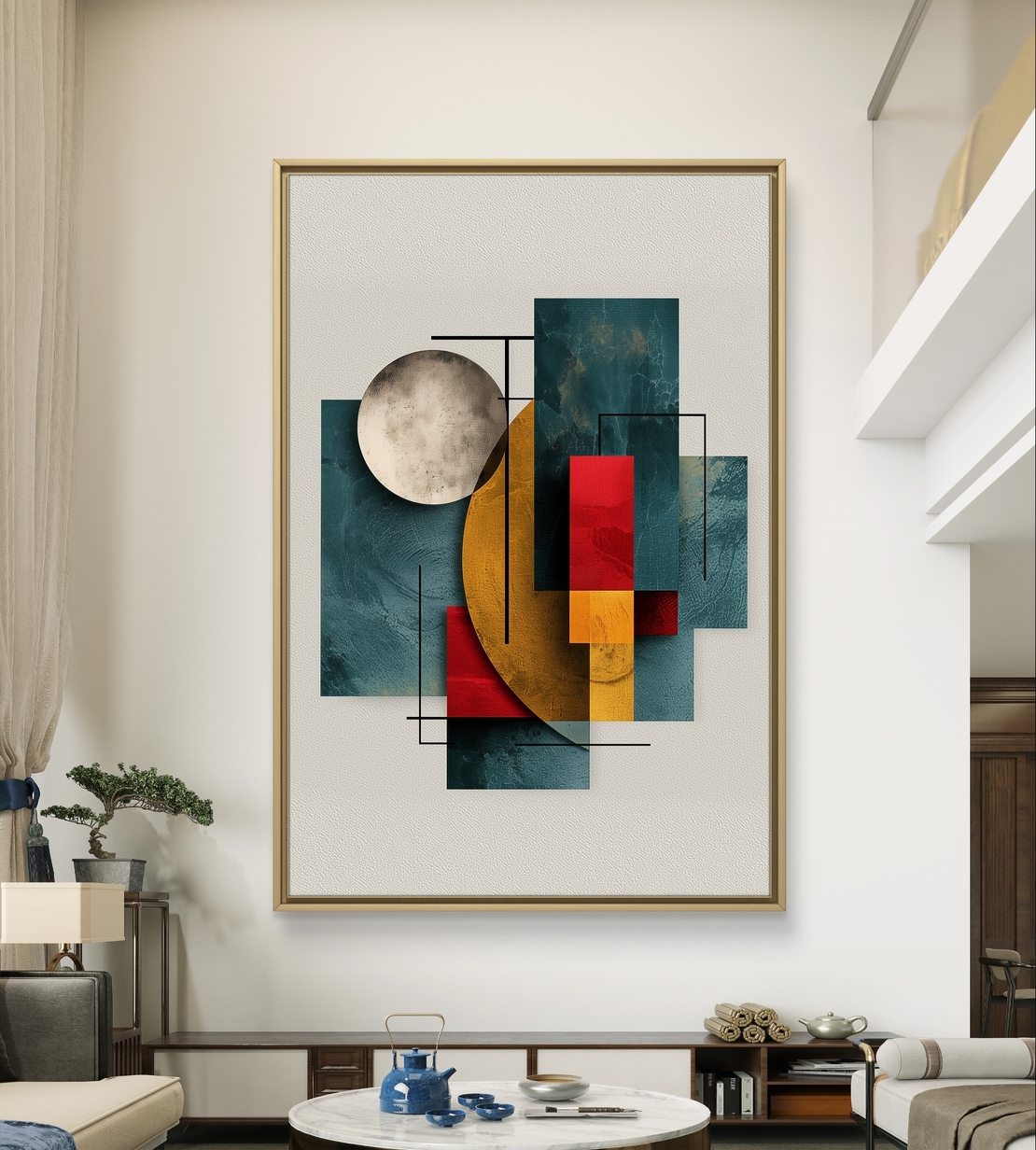 קנבס מודרני צבעוני עם צורות גיאומטריות וקווים דקים