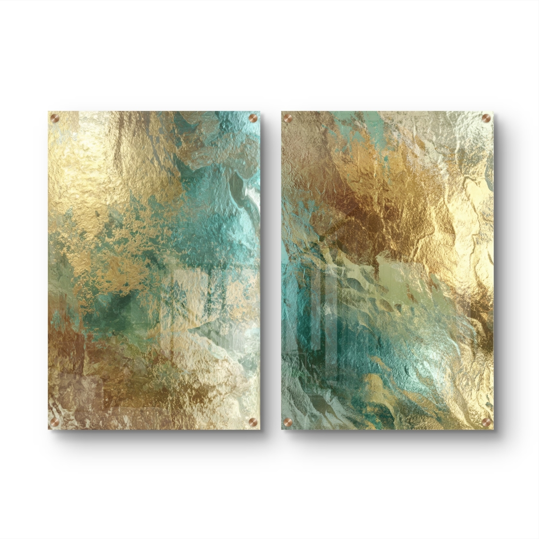 תמונת זכוכית זוגית בעיצוב אבסטרקטי עם שילוב זהב וטורקיז במראה יוקרתי