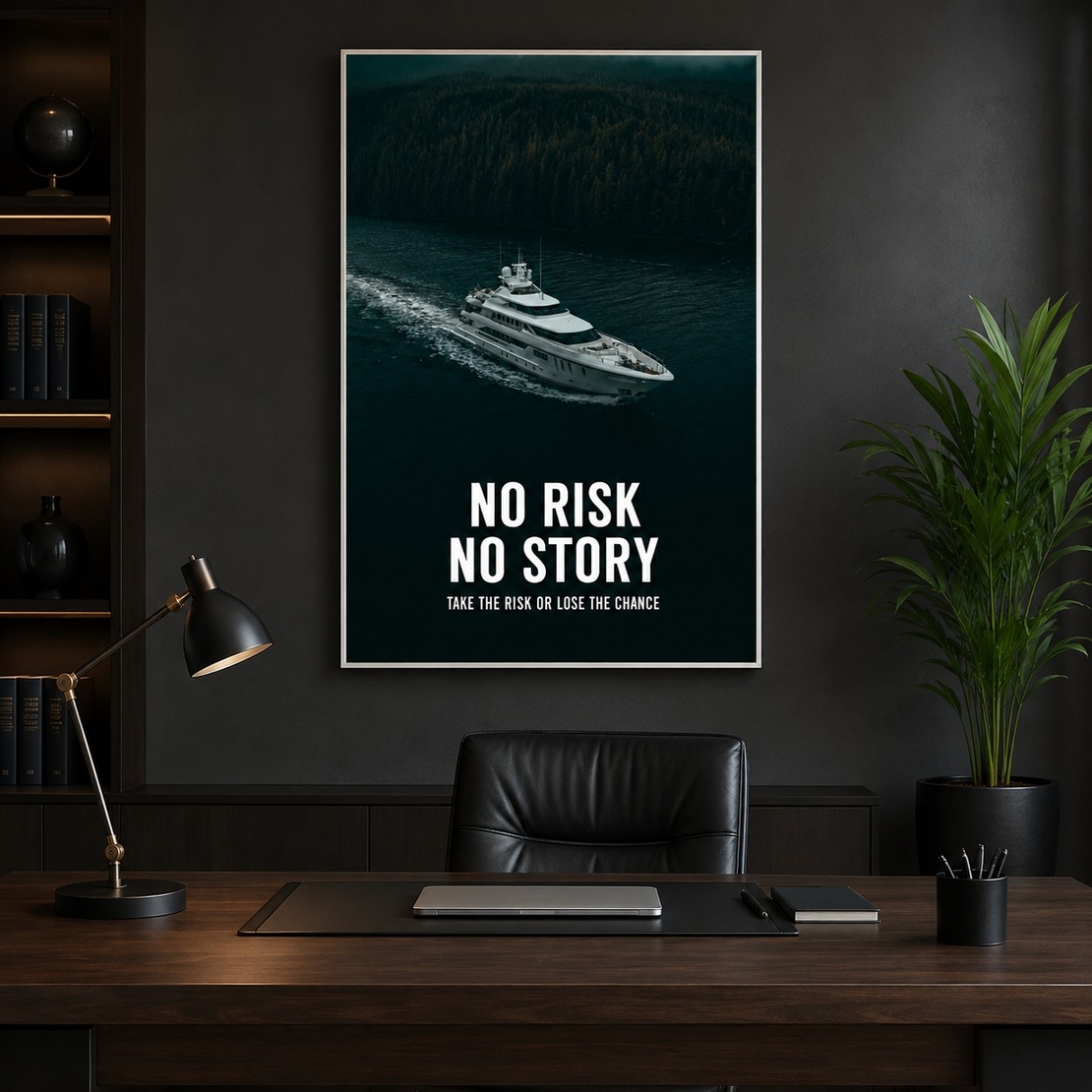 No Risk No Story – תמונת קנבס יאכטה מוטיבציונית למשרד יוקרתי | MT5664