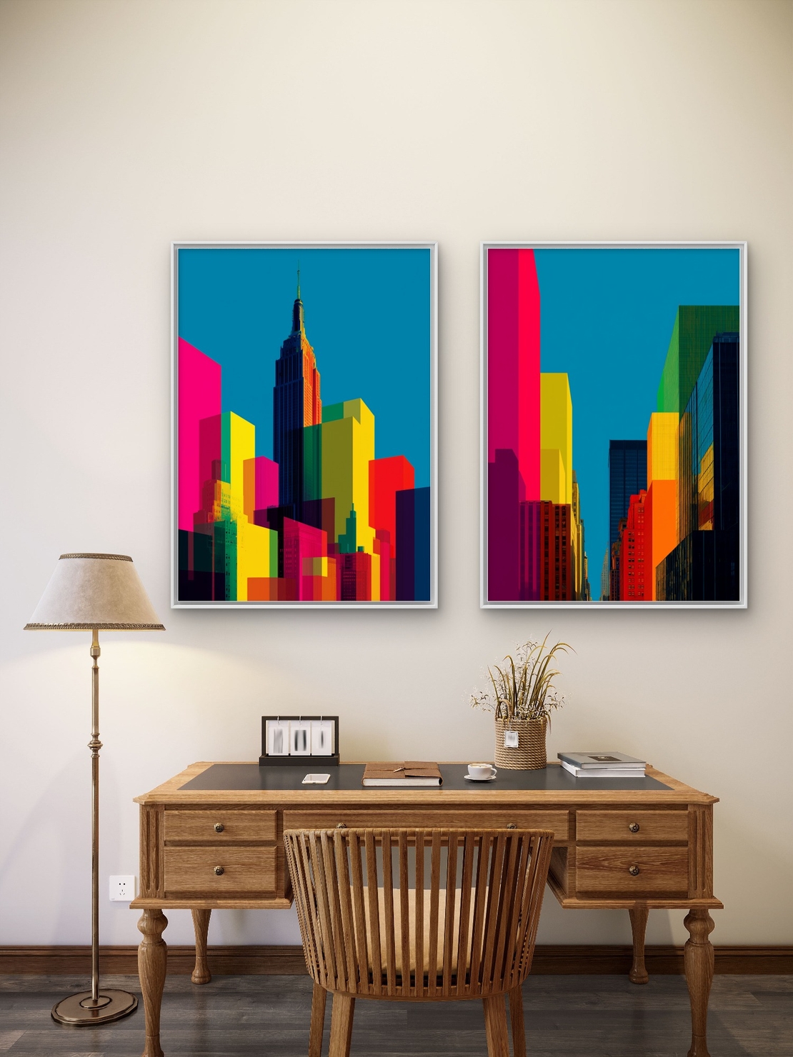 זוג תמונות קנבס אורבניות של ניו־יורק בצבעי ניאון חזקים על רקע כחול – NEXTGEN BY BAR
