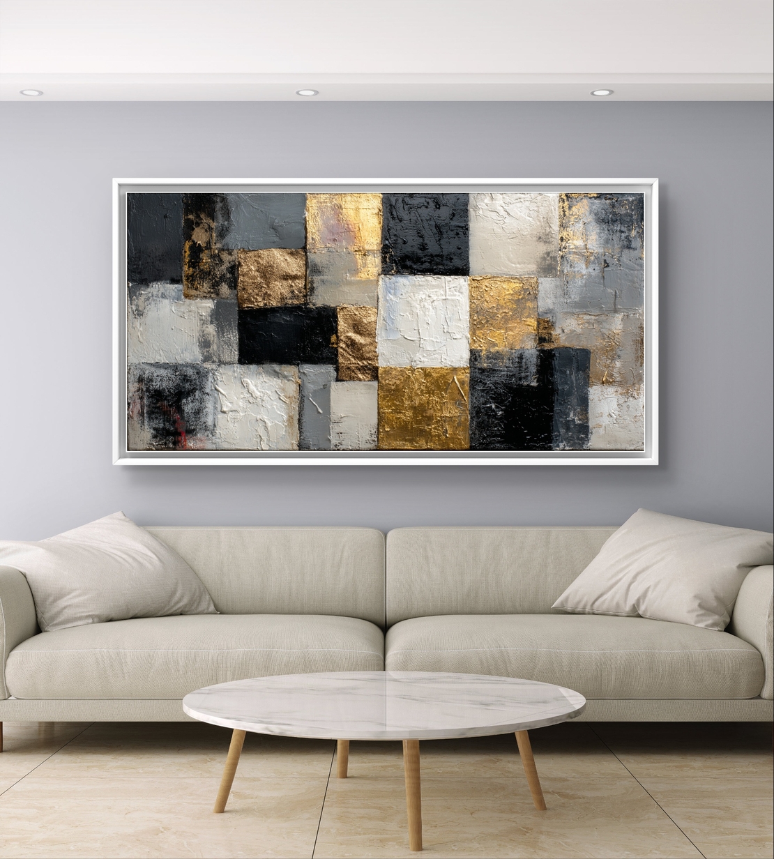 תמונת קנבס לרוחב בסגנון פסיפס מודרני בגווני שחור אפור ולבן עם פרטי זהב – תכשיט לבית