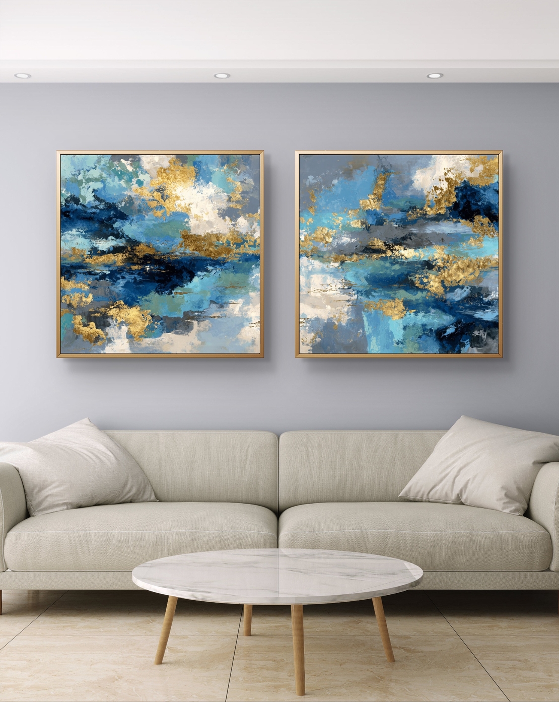 זוג תמונות קנבס מרובעות אבסטרקט בגווני כחול וטורקיז עם נגיעות זהב
