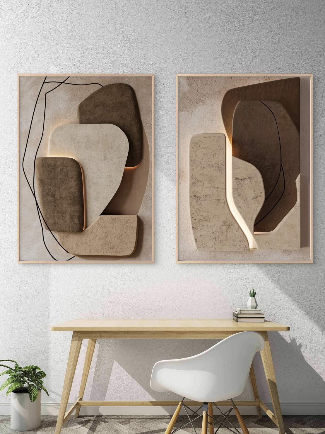זוג תמונות קנבס בעיצוב מודרני בגווני בז' וחום עם קווים מינימליסטיים – מתוך קולקציית NEXTGEN BY BAR של תכשיט לבית.