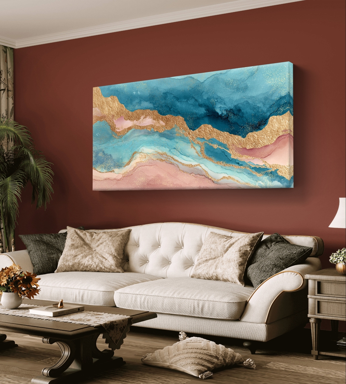 תמונת קנבס לרוחב בעיצוב אבסטרקטי עם זרימה בגווני תכלת, ורוד וקווים זהובים