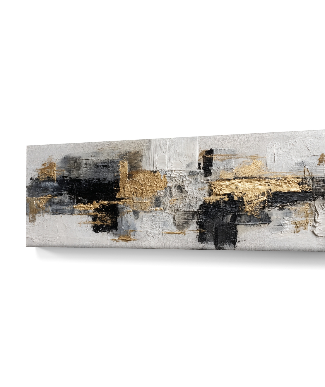תמונת קנבס פנורמית אבסטרקטית בגווני שחור, לבן ואפור עם נגיעות זהב בעיצוב מודרני ויוקרתי