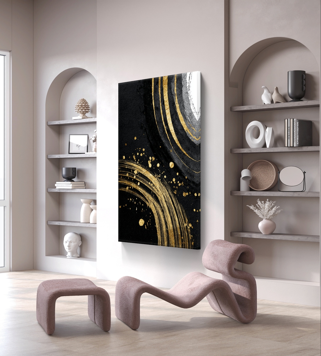 מעגלי זהב על שחור – תמונת קנבס אבסטרקט יוקרתית בשחור, לבן וזהב | DC4473
