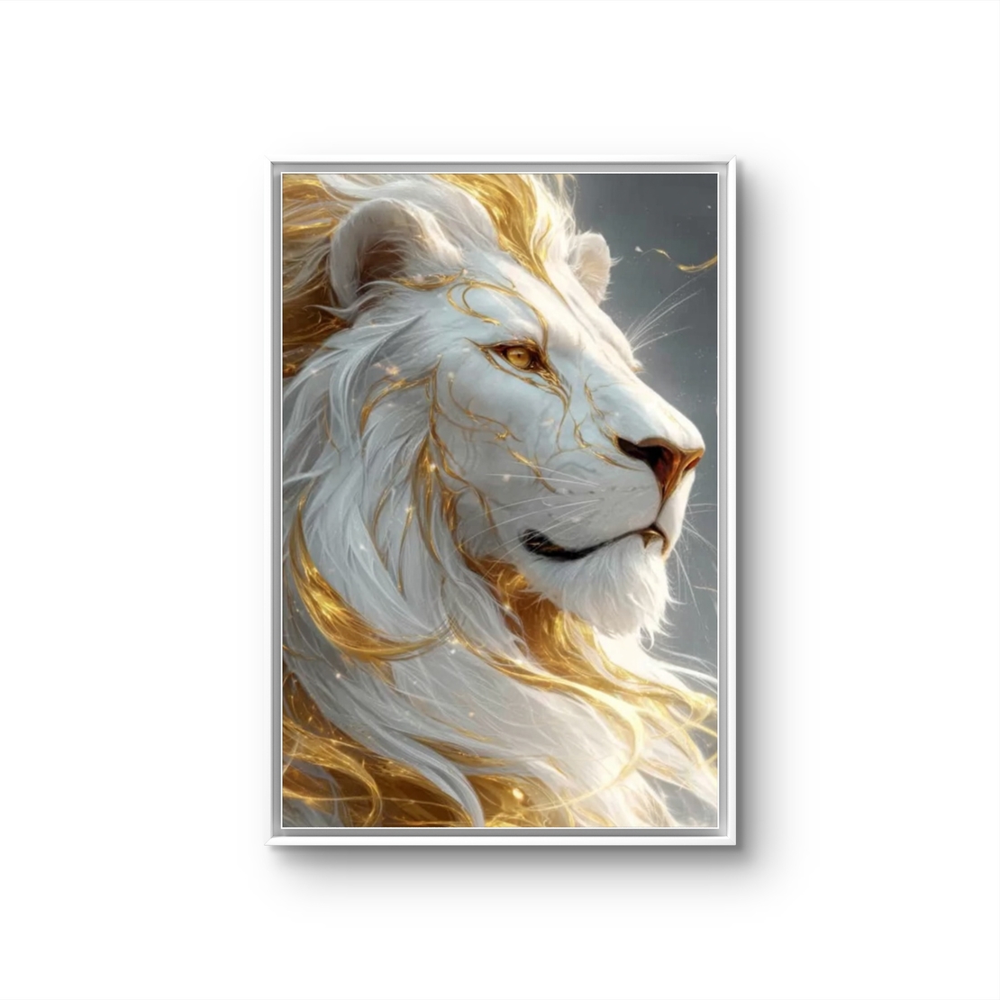 תמונת קנבס של אריה לבן עם נגיעות זהב בעיצוב יוקרתי, שקט ועוצמתי לבית