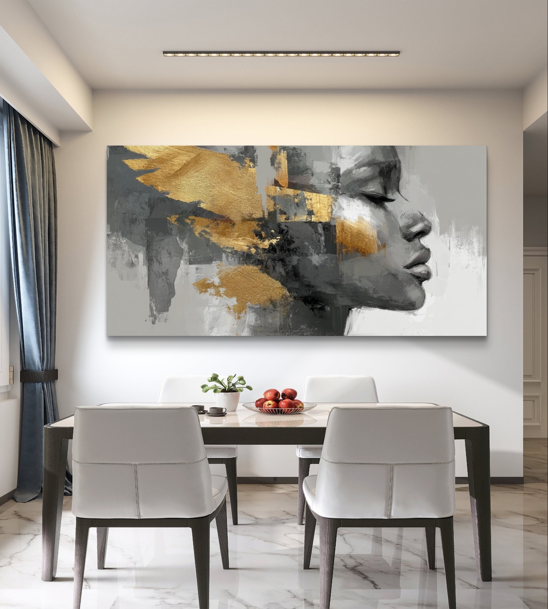 תמונת קנבס לסלון – דיוקן נשי אבסטרקטי בגווני אפור, שחור ונגיעות זהב, פורמט רוחבי