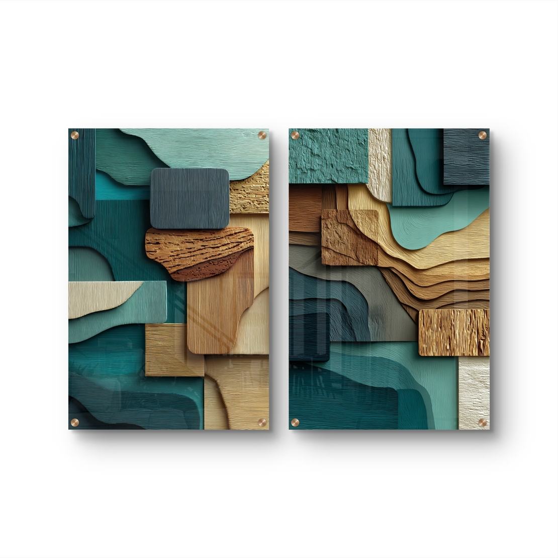 תמונת זכוכית זוגית בעיצוב אבסטרקטי עם שכבות גאומטריות בגווני ירוק, עץ וחומים, מודפסת בהדפסה חלקה ומודרנית
