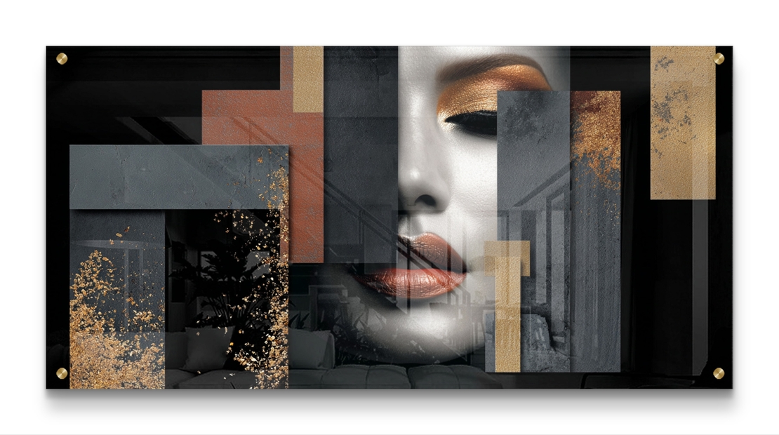 תמונת זכוכית לרוחב עם דיוקן נשי אבסטרקטי בגווני שחור, אפור וזהב בעיצוב יוקרתי