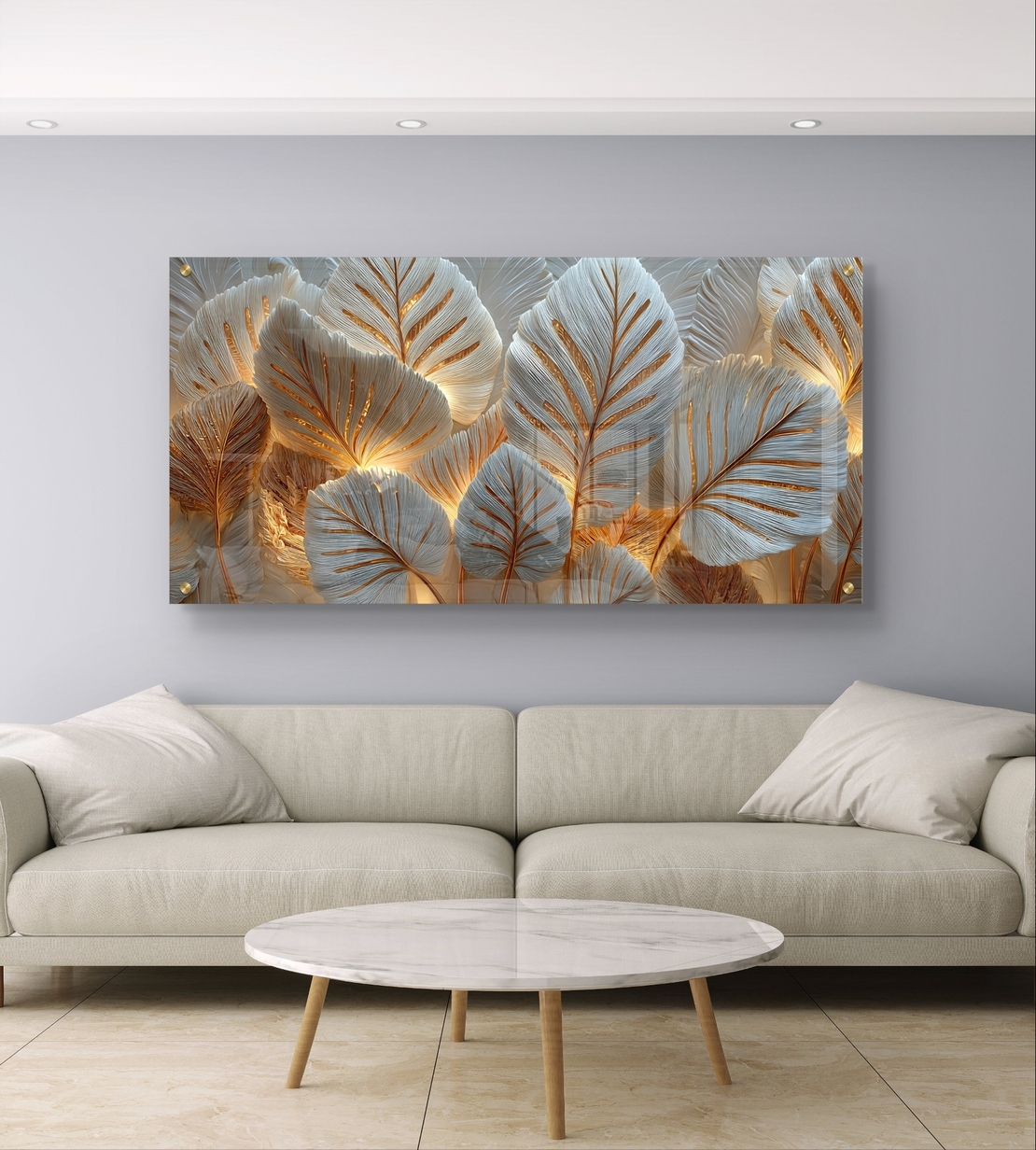 עלי זהב ולבן על זכוכית – תמונת זכוכית יוקרתית למשרד ולסלון | GX4175