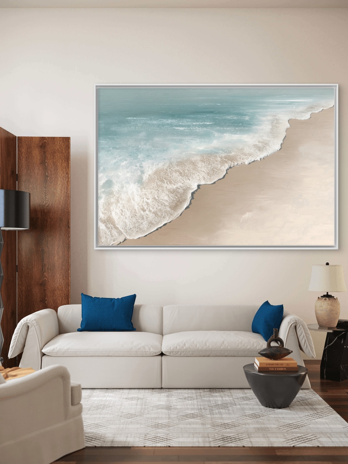 תמונת קנבס רחבה של חוף ים בגווני תכלת וחול בהיר, עם הדפסה חלקה ואיכותית – NEXTGEN BY BAR.