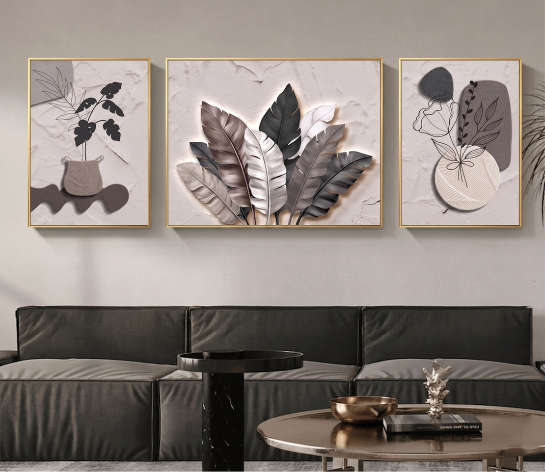 שלישיית קנבס בוטנית מינימליסטית בגווני אבן, אפור וטאופ – דגם RR3312