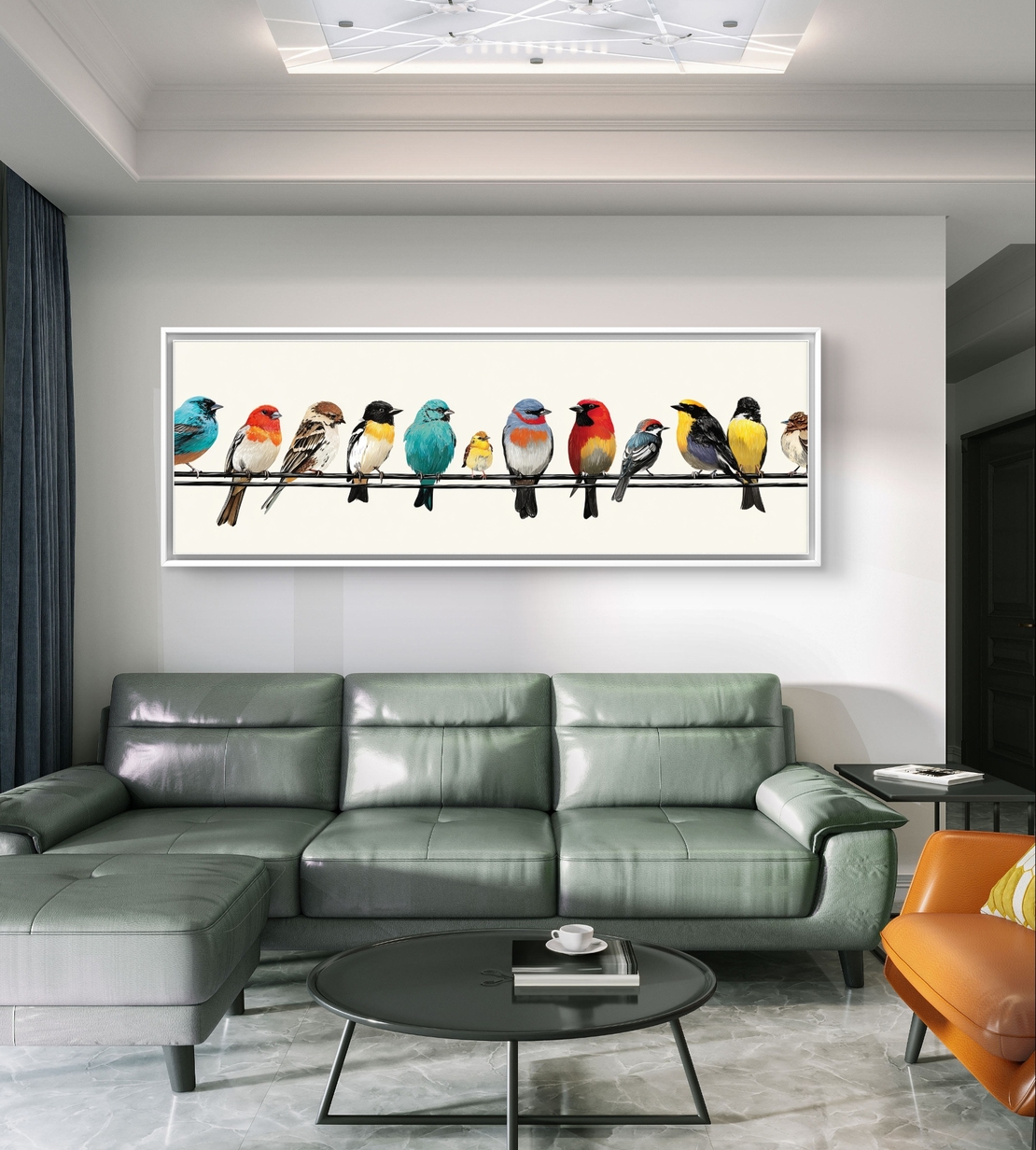 תמונת טבע מודרנית עם ציפורים צבעוניות בעיצוב נקי ובהיר.