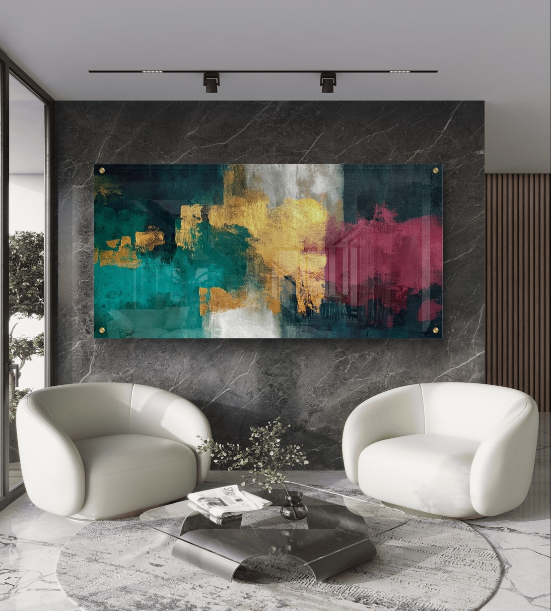 תמונת זכוכית אבסטרקטית לרוחב בגווני ירוק, כחול וזהב בעיצוב מודרני ויוקרתי לסלון