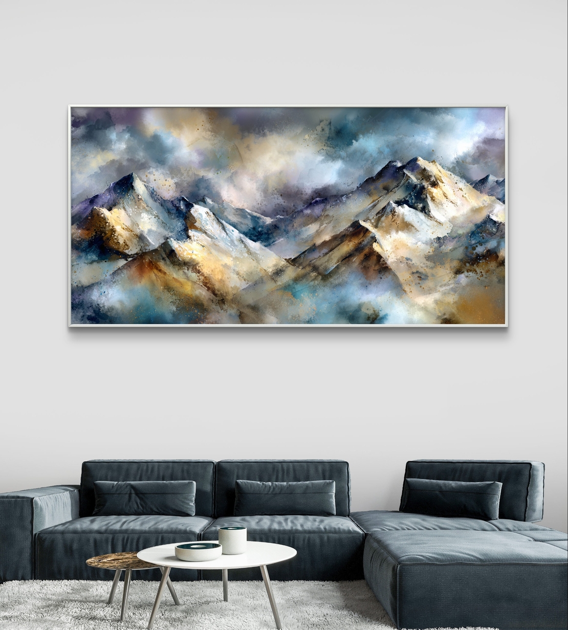 תמונת קנבס נוף הרים אמנותי בגווני כחול זהב ואפור – תכשיט לבית