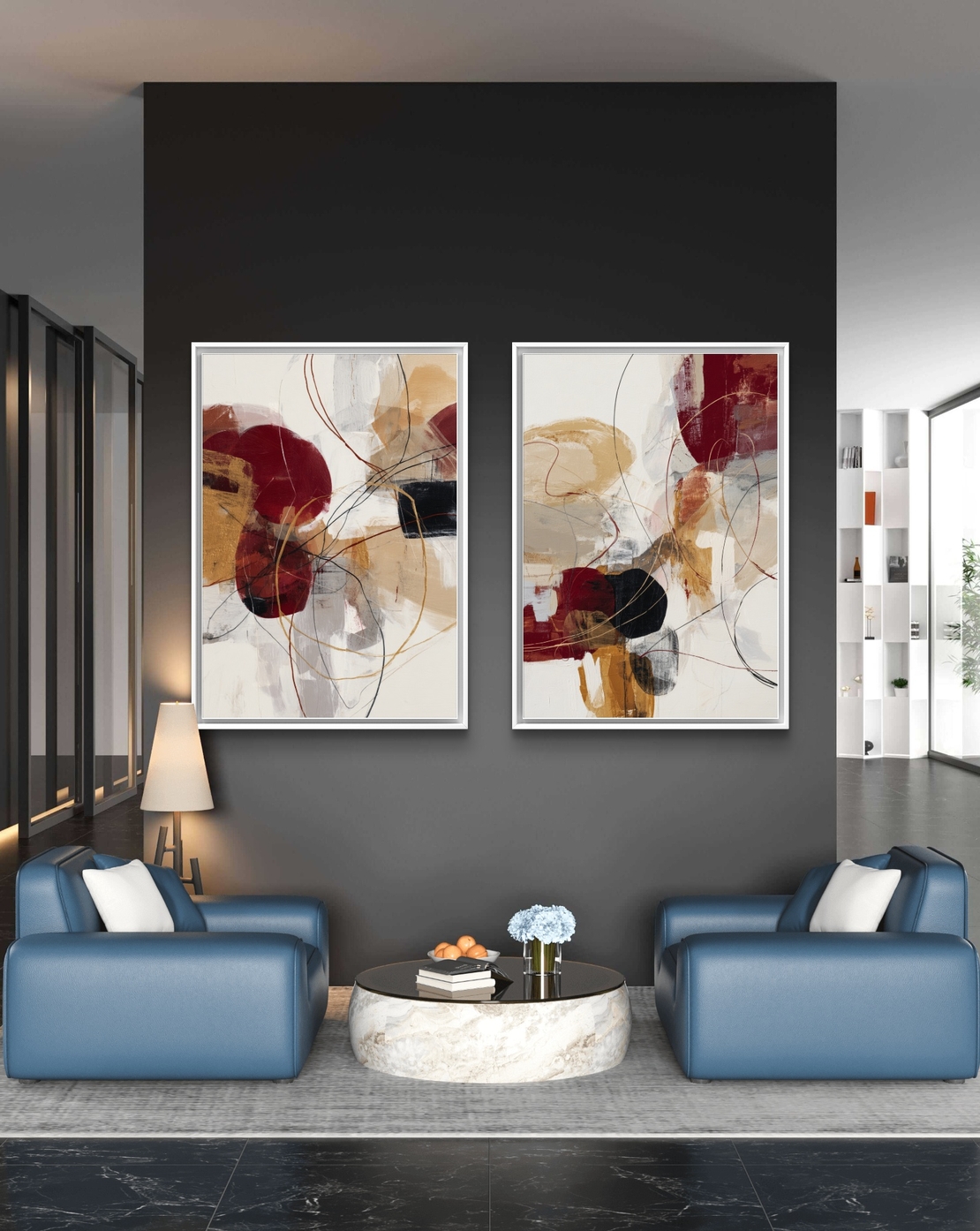 סט תמונות קנבס זוגיות אבסטרקטיות בגווני בורדו, זהב ושמנת עם קווים דינמיים ועיצוב מודרני