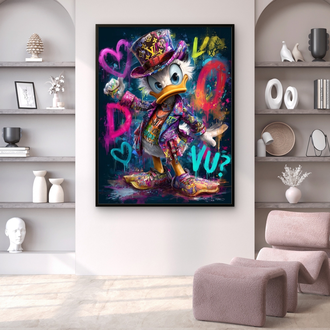 תמונת קנבס צבעונית בסגנון גרפיטי אורבני עם דמות מאוירת וצבעים עזים לעיצוב מודרני לבית