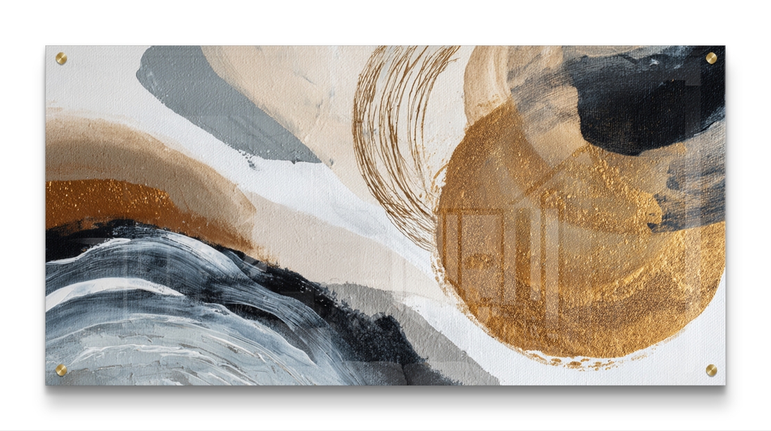 תמונת זכוכית לרוחב בעיצוב אבסטרקטי עם גווני אפור וכחול ונגיעות זהב