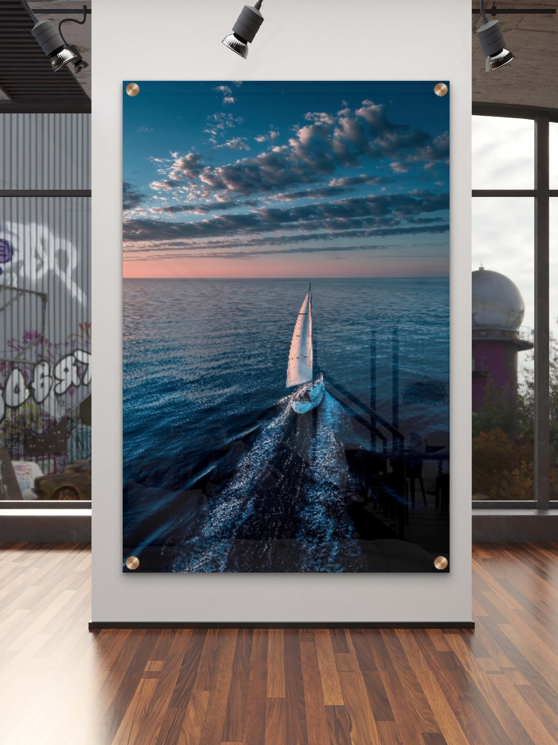 תמונת זכוכית של יאכטה השטה בים לקראת שקיעה – NEXTGEN BY BAR