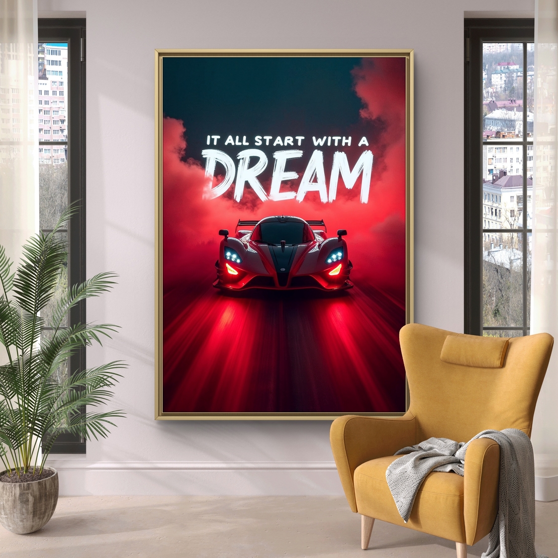 תמונת קנבס לאורך עם רכב אדום וכיתוב “It all start with a dream”, עיצוב מודרני ואיכותי מבית תכשיט לבית.