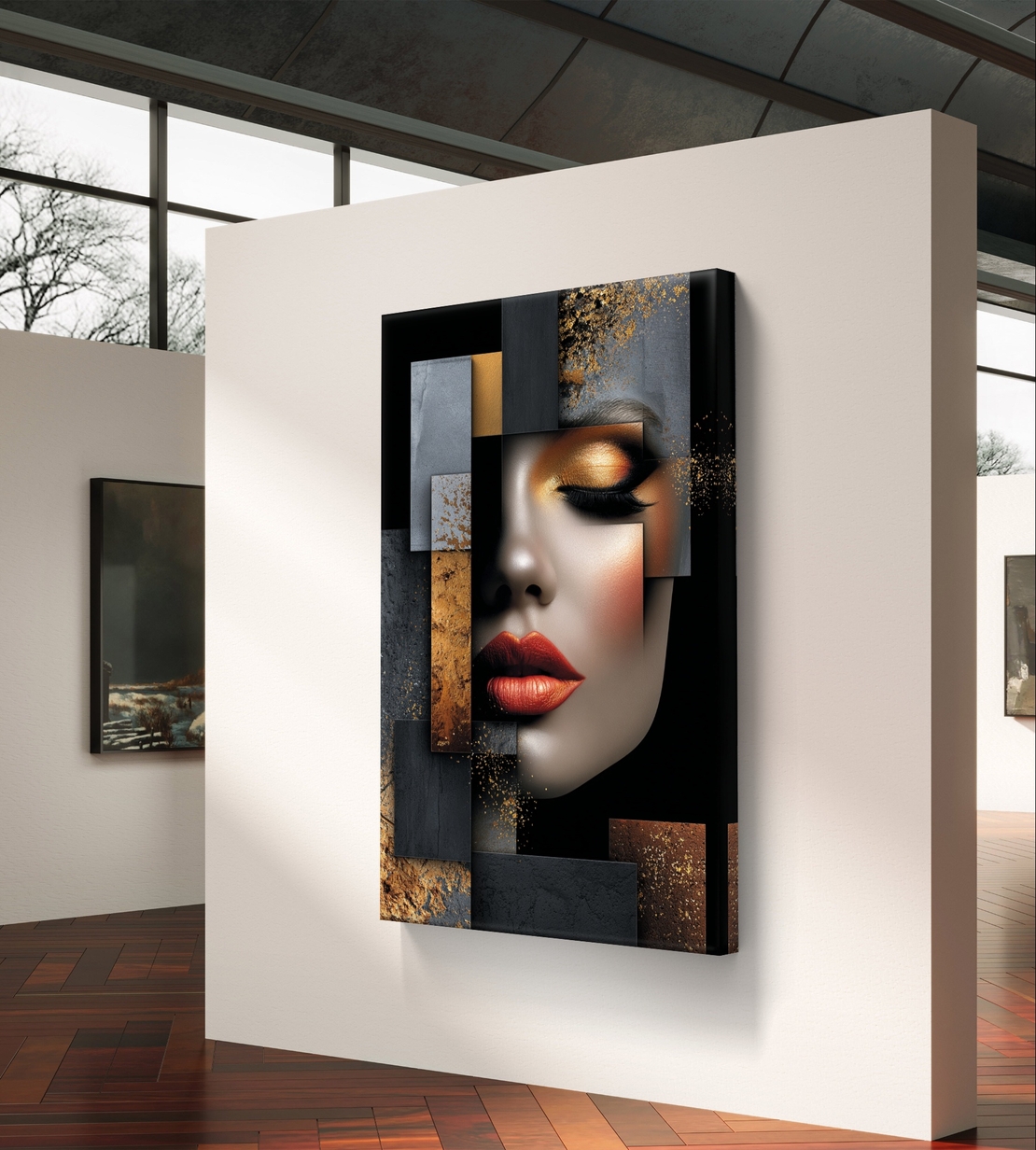 תמונת קיר אבסטרקטית עם פנים נשיות בעיצוב דרמטי