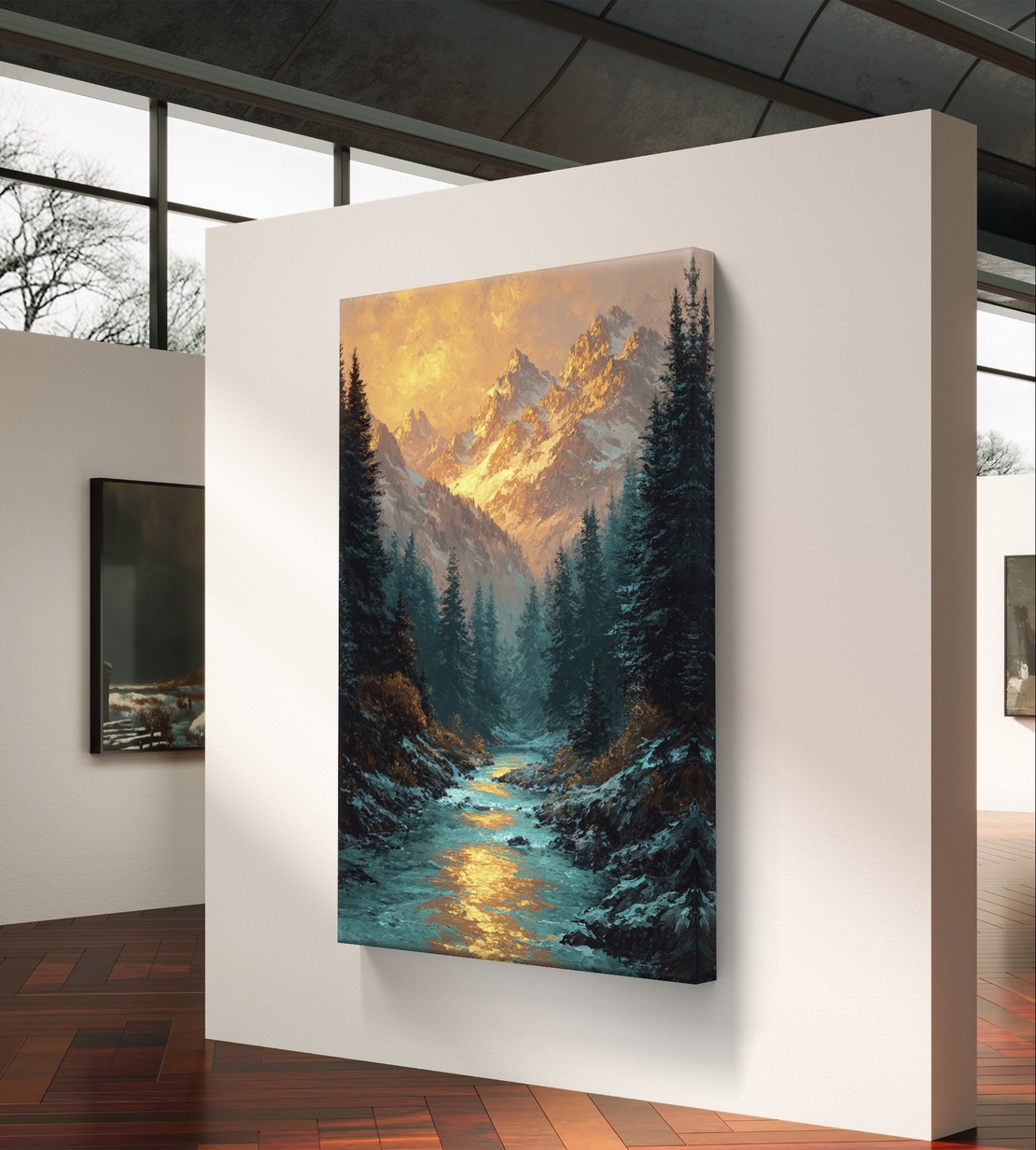 נהר זהוב בין ההרים – תמונת קנבס נוף הרים ויער בגווני כחול וזהב | DC4474